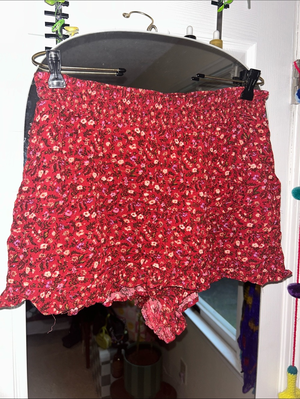 American Eagle Outfitters Red Floral Smocked Mini Skirt